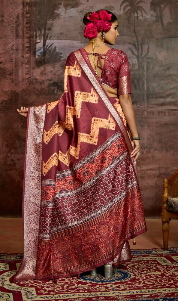 Joban Fashion Maroon Dola Tussar Silk Self Jacquard Border Saree | Grocsy