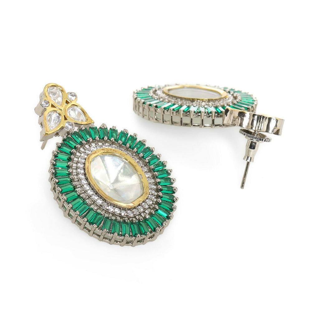 Kundan and Diamond with Green Stones Dangler Earrings (Green) - Ruby Raang | Grocsy
