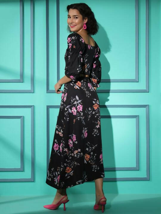 Black Crepe Floral Printed Top with Matching Skirt - Shivani | Grocsy