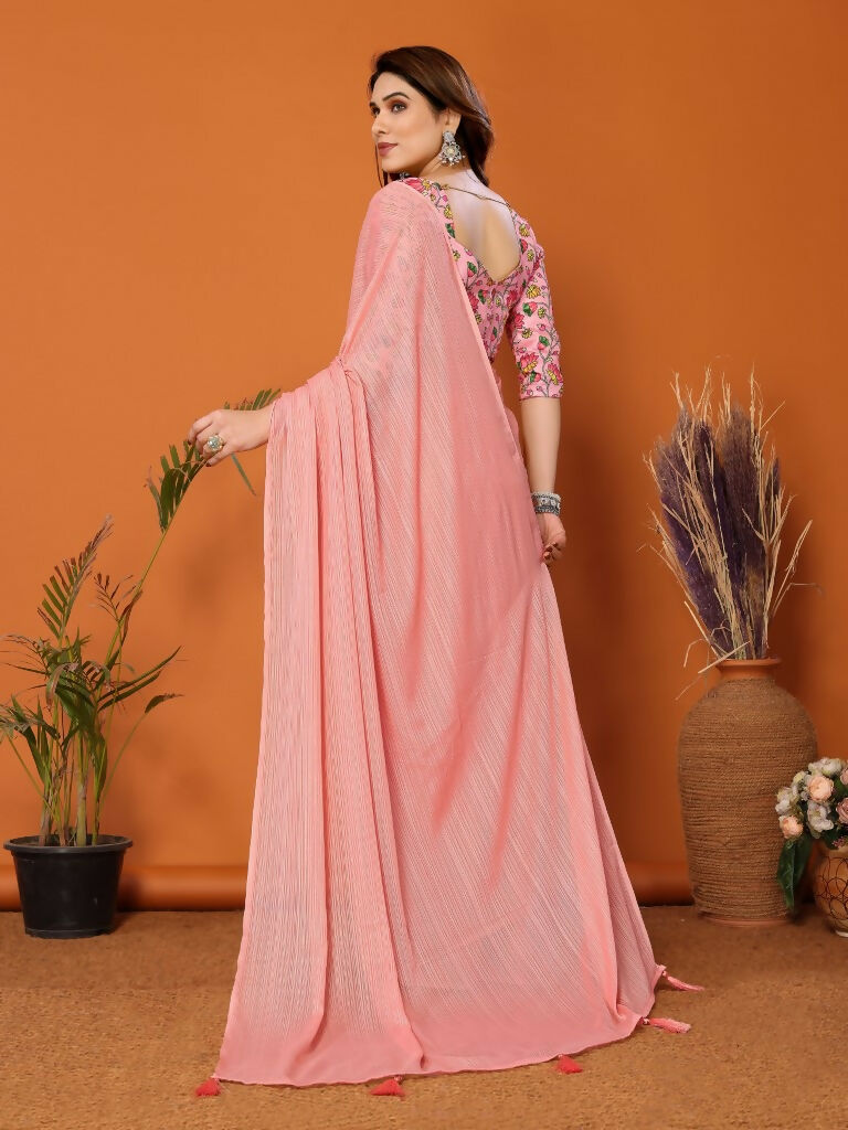 Partywear Designer Peach Polyester Zari Fancy Saree - Starwalk | Grocsy