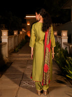 Juniper Women's The Swarn Green Zari Embroidered Viscose Kurta Pant And Dupatta With Mirror Work | Grocsy