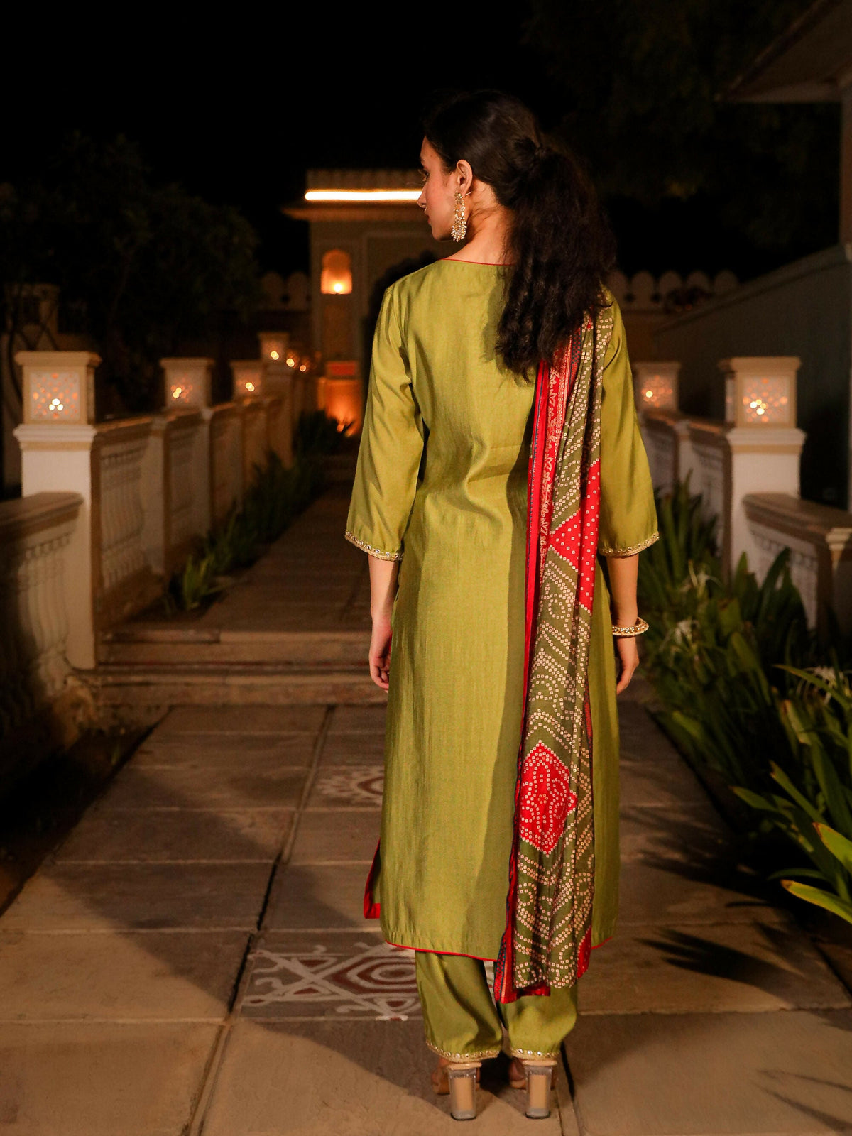 Juniper Women's The Swarn Green Zari Embroidered Viscose Kurta Pant And Dupatta With Mirror Work | Grocsy