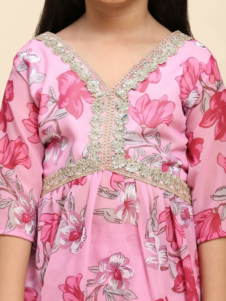 Alakhi Studio Girls Floral Georgette Printed V-Neck Kurta With Sharara - Pink | Grocsy