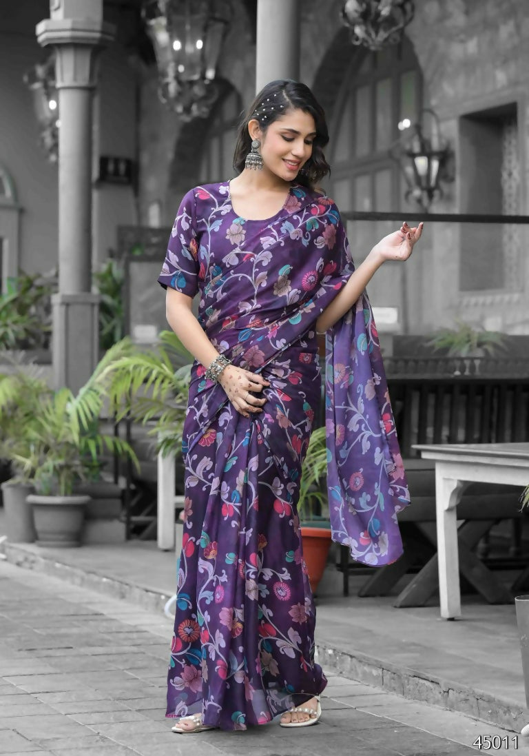 stylish Casual Purple Imported georgette Ready to Wear Fancy Saree - Ashwini | Grocsy