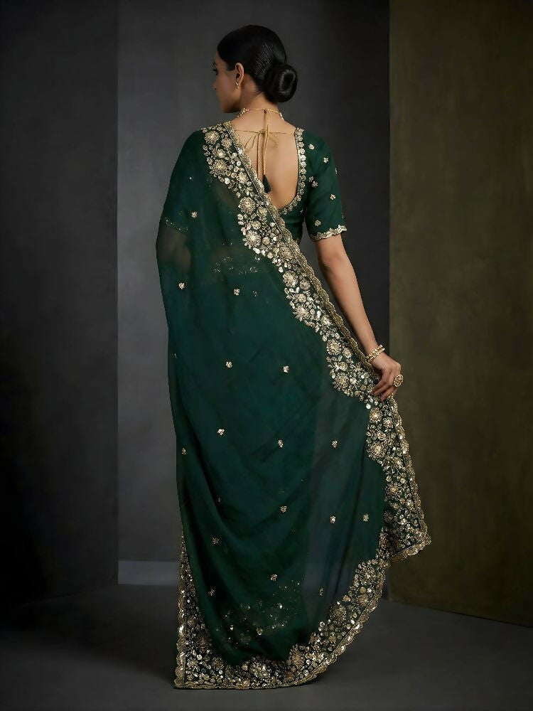Joban Fashion Green Fandy Satin Silk Party Wear Sarees | Grocsy