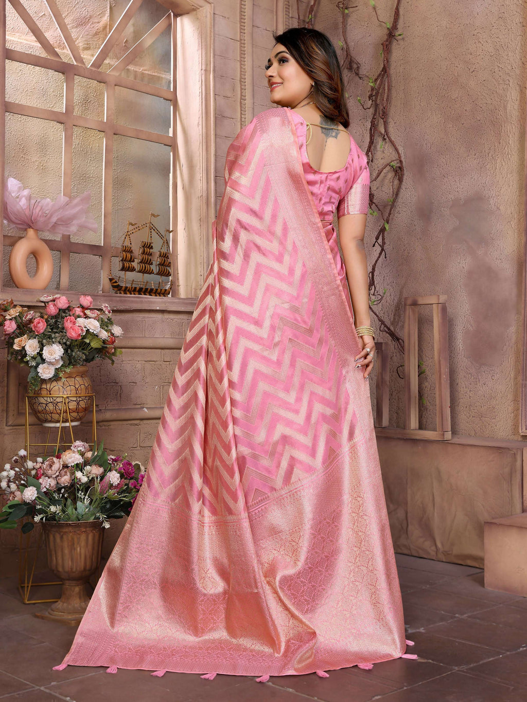 Aastha Fashion Pink Soft Organza Silk Weaving Saree | Grocsy