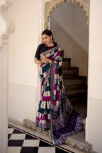 Vastranavya Navy Blue Viscose Chanderi Printed with Temple Border Saree & Unstitched Blouse | Grocsy