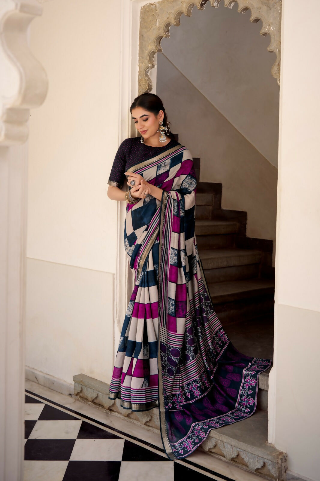 Vastranavya Navy Blue Viscose Chanderi Printed with Temple Border Saree & Unstitched Blouse | Grocsy