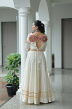 Teeya Creation Off White Colour Pure Cotton Embroidery Work Navratri Lehenga | Grocsy
