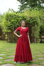 Vastranavya Premium Designer Faux Blooming with Embroidery Zari Sequins work Gown - Red | Grocsy