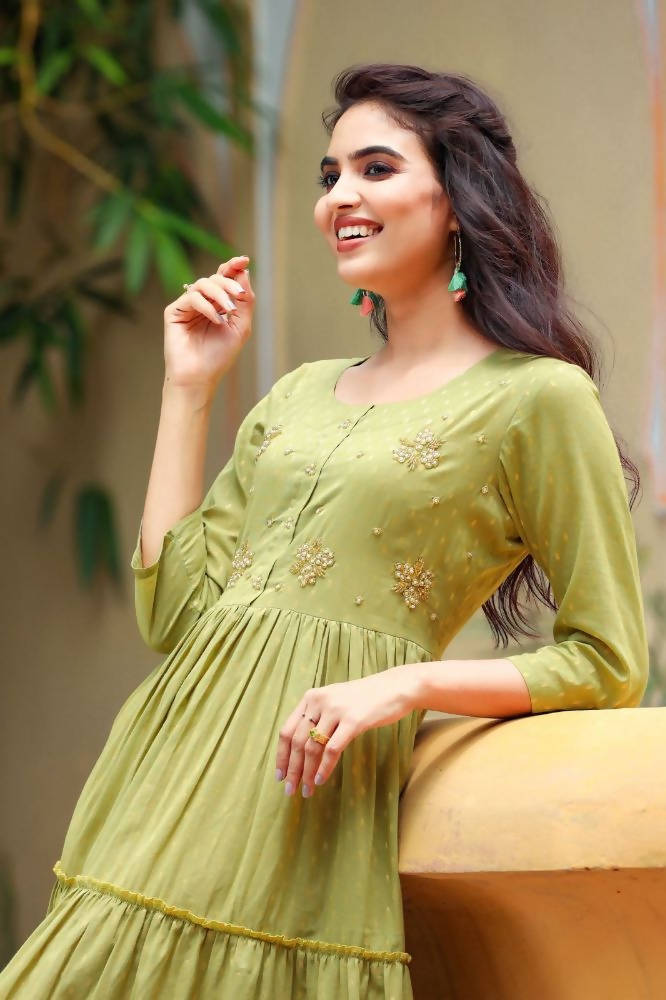 Yufta Green Cotton Dobby Dress | Grocsy