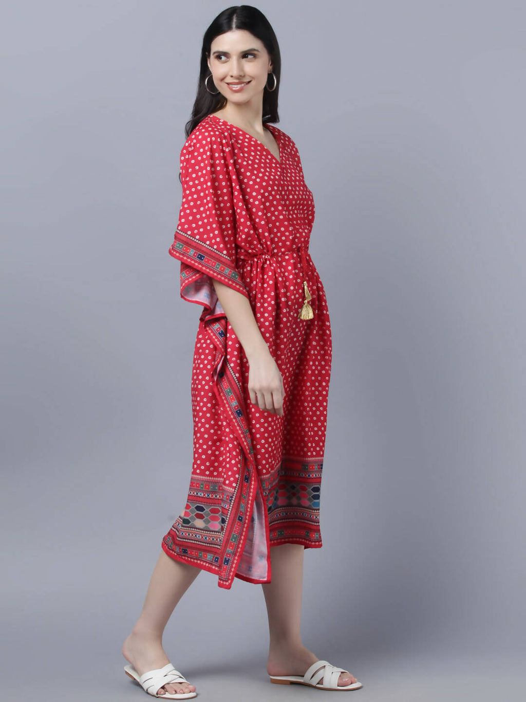 Myshka Women's Red White Ethnic Motifs Printed Kaftan Midi Dress | Grocsy