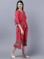 Myshka Women's Red White Ethnic Motifs Printed Kaftan Midi Dress | Grocsy