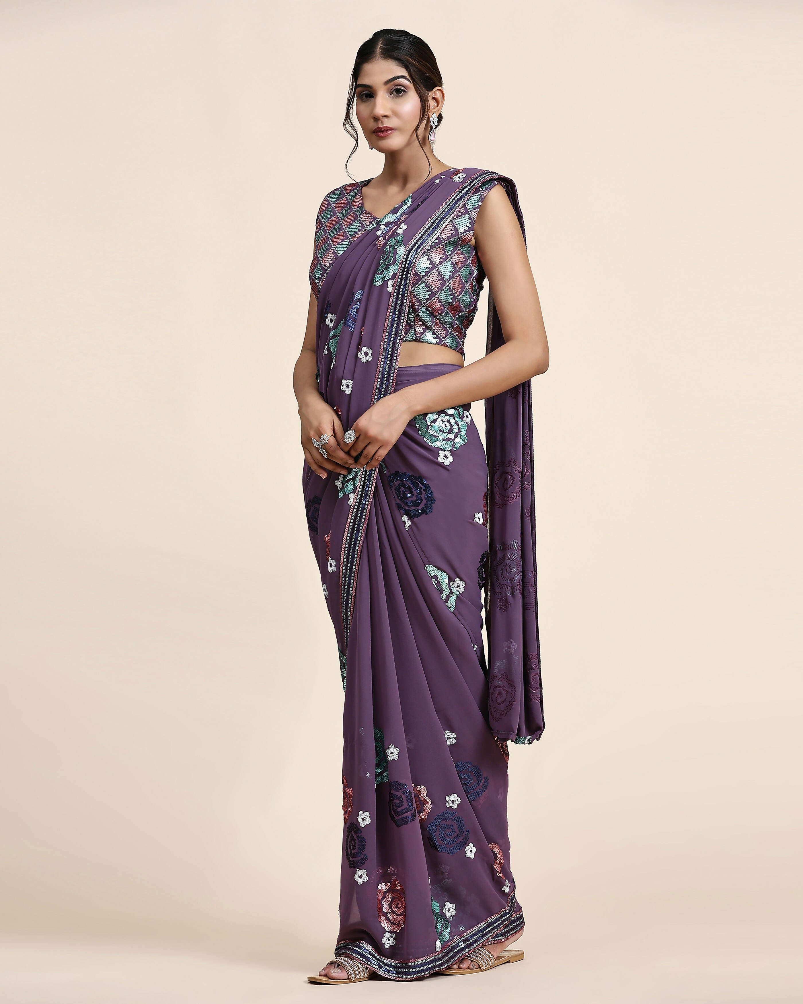 Purple Pure Georgette Sequence work Ready to wear Saree with stitched Blouse - Nirvana | Grocsy