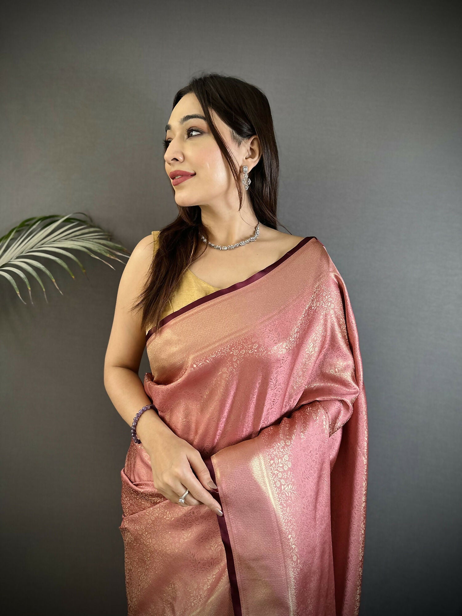 Joban Fashion Dusty Pink Floral Motifs & Ethnic Design Soft Satin Silk Kanchipuram Saree | Grocsy