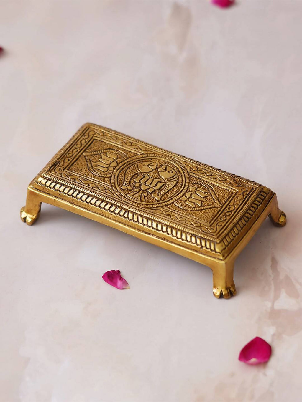 eCraftIndia Beige Lotus Flowers Engraved Pooja Chowki | Grocsy
