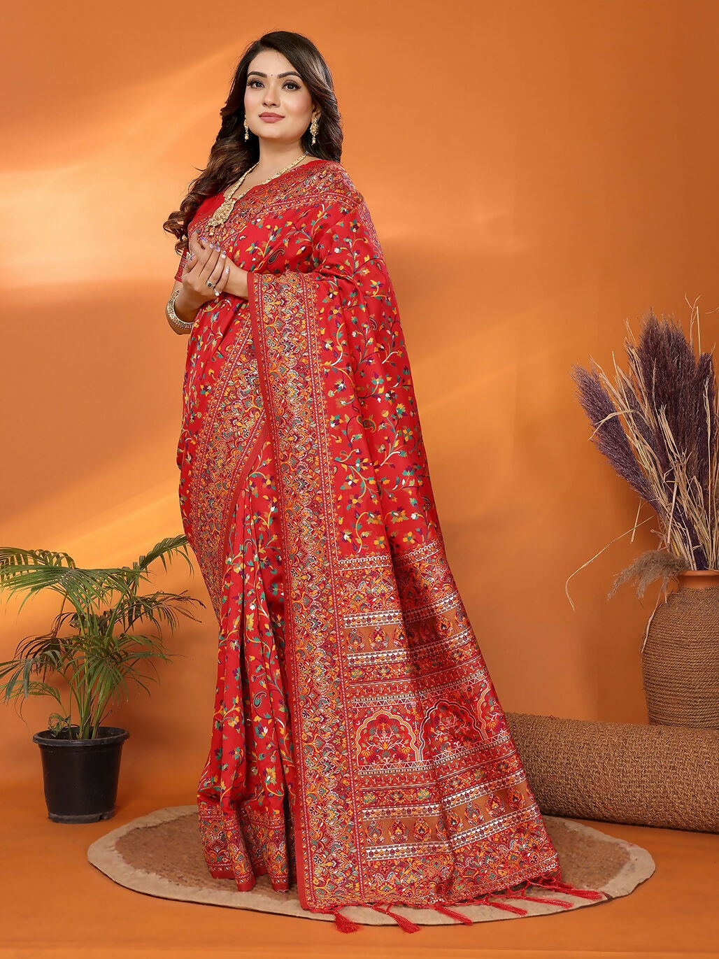 Joban Fashion Red Meena Weaves Pashmina Sarees | Grocsy