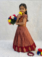 Teeya Creation Girls Rust Red Silk Traditional Langa Voni Lehenga Set With Koti Jacket-Red | Grocsy