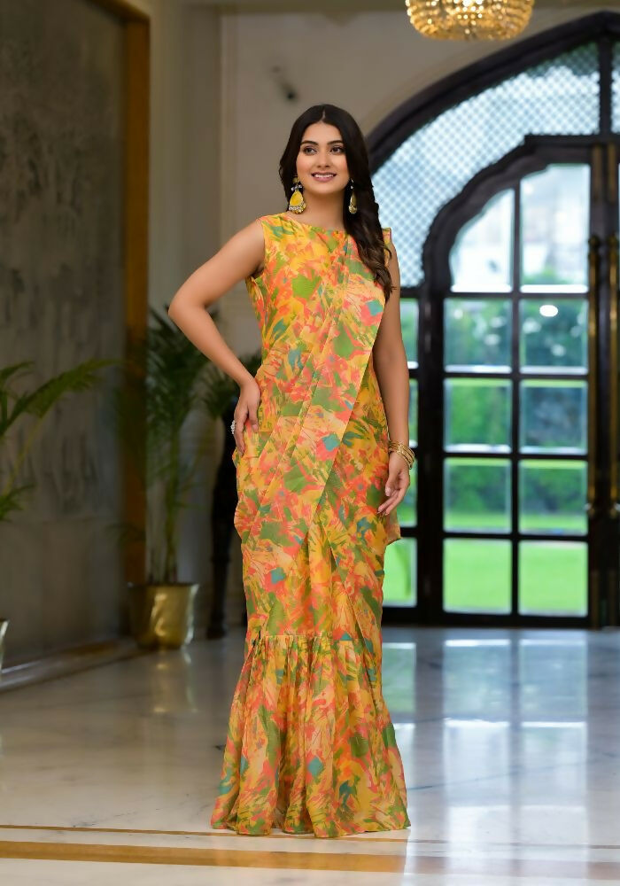 Partywear Designer Yellow Slime Georgette Fancy Saree - Anbazaar | Grocsy