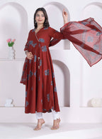 Miravan Women Rust Floral Printed Angrakha Kurta And Dupatta | Grocsy