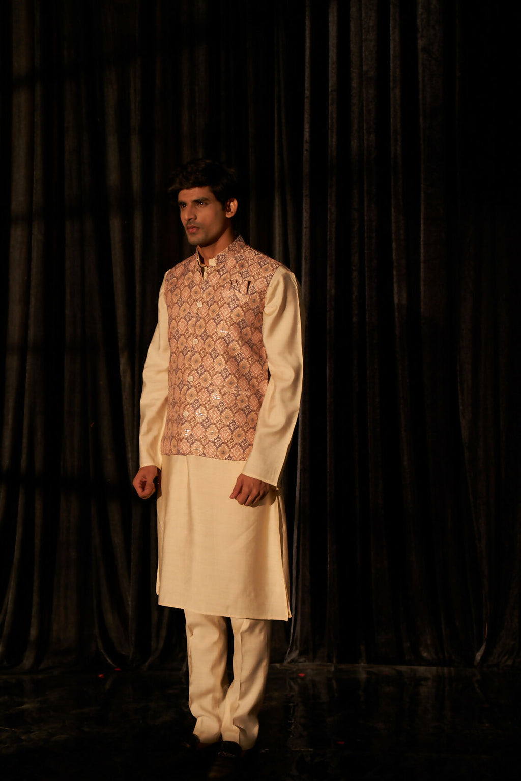 Brown Viscose Designer Printed Men's Kurta Set with Koti - Mahotsav | Grocsy