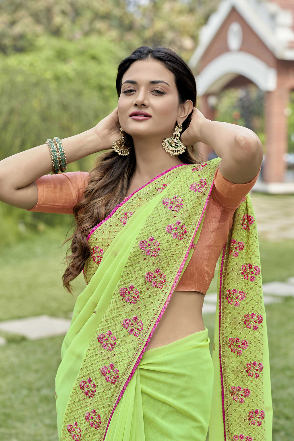 Vamsee Rashmika 2.0 Green Georgette Silk Saree | Grocsy
