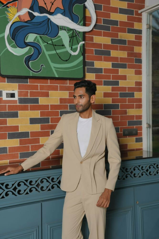 Saville Beige Curve Blazer Set – 4-Way Stretch Wedding & Party Suit For Men by Hilo Design | Grocsy