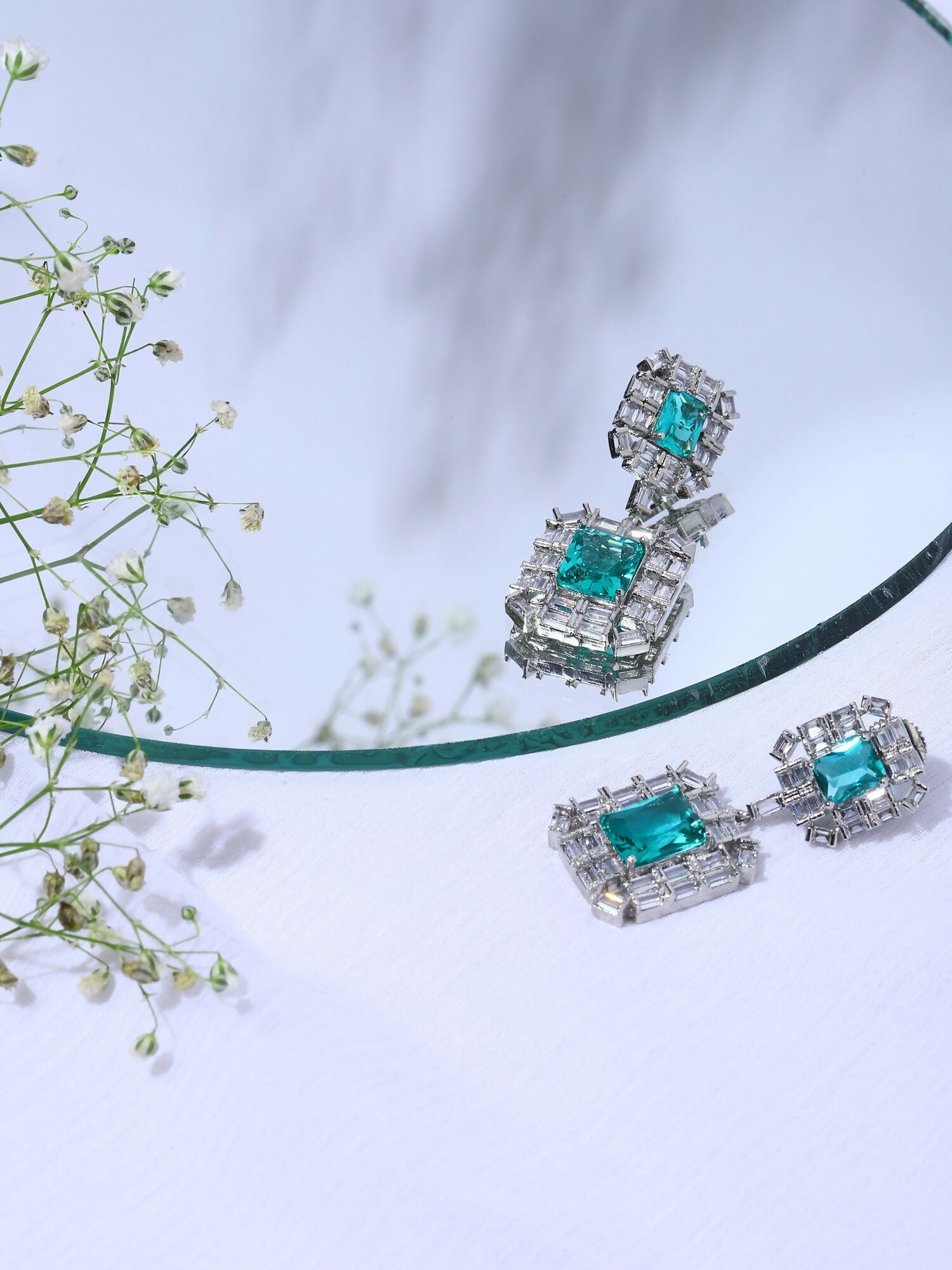 Green and Silver Stone Earrings- Ruby Raang