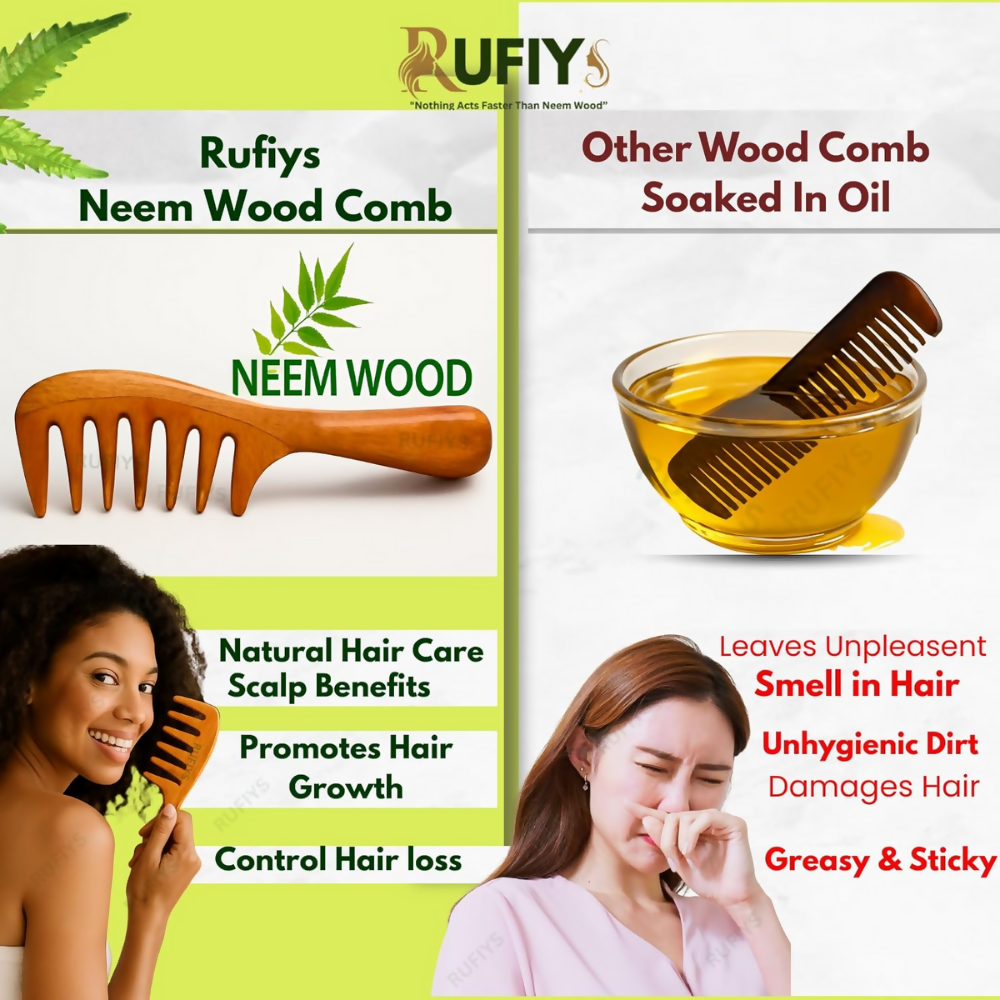 Rufiys Wooden Curly Hair Wide Neem Wood Comb | Grocsy