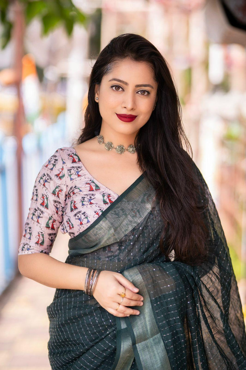 Green Linen Sequence Saree with Unstitched Blouse - Hiral Fashion | Grocsy