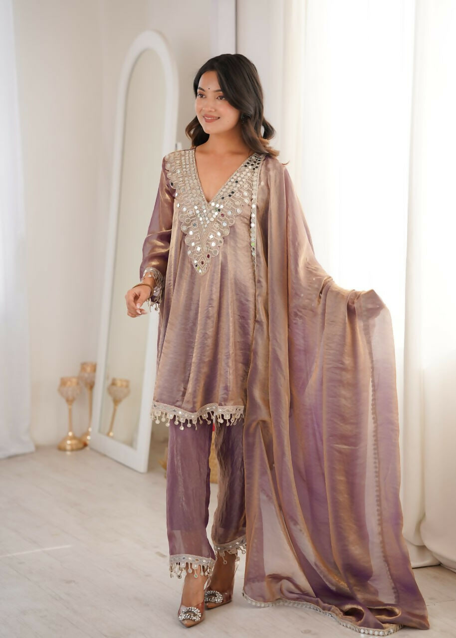 Teeya Creation Womens New Trending Fendy Fabric With Real Mirror With Coding Embroidered Lace Work Kurta Set | Grocsy