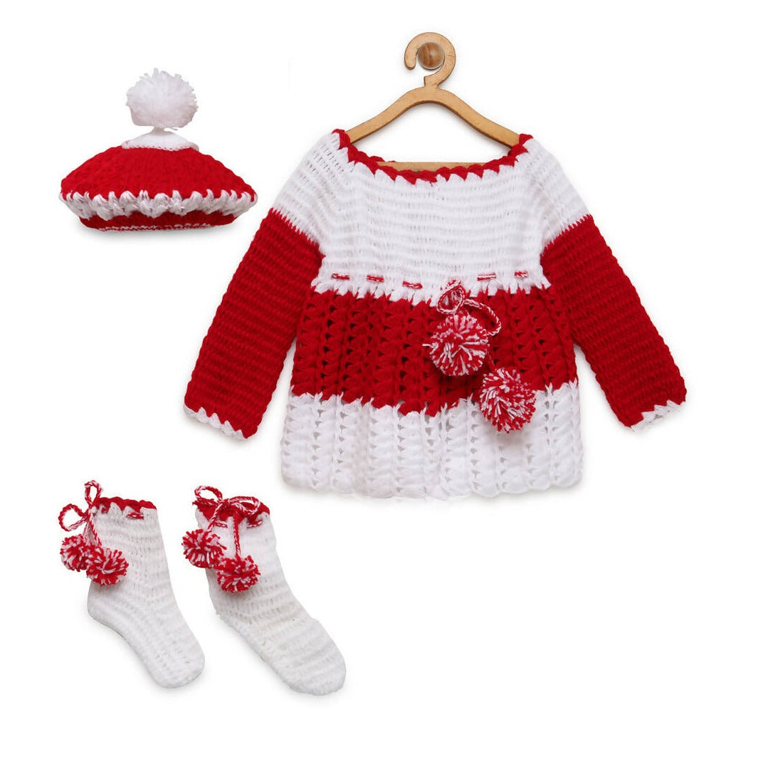 ChutPut Hand knitted Floral Crochet Wool Dress For Baby Girls - Red | Grocsy