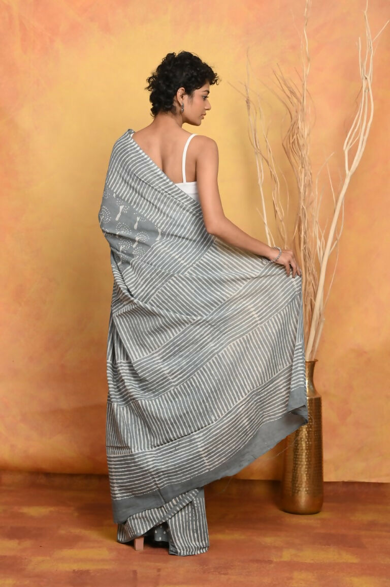Very Much Indian Handblock Printed Cotton Saree With Natural Dyes - Grey | Grocsy