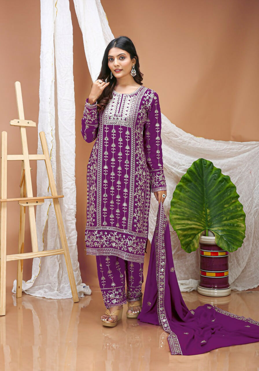 Teeya Creation Wine Faux Georgette Embroidery Work Wedding Wear Salwar Suit | Grocsy