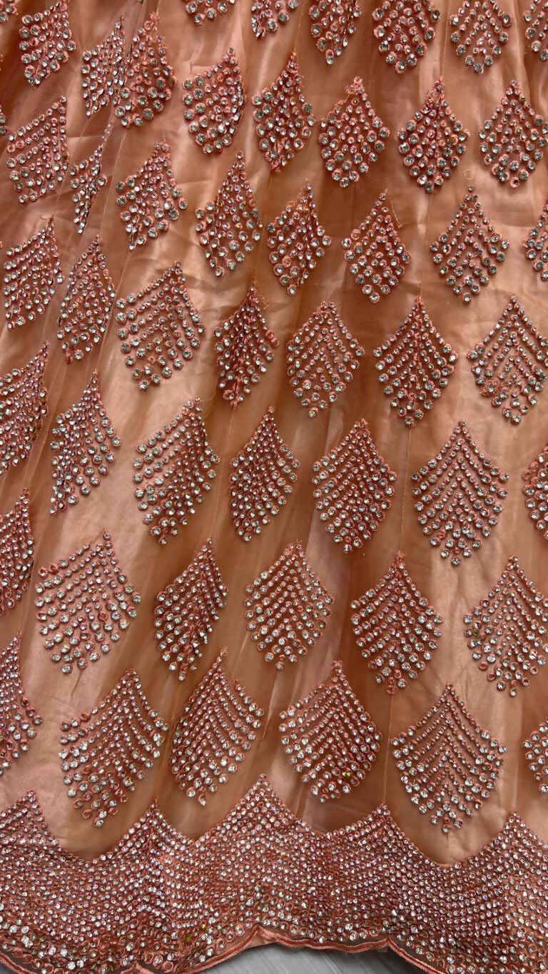 Jyoti Fashion Women's Peach Bridal Net Fancy Dori & Multi Thread Embroidered with Zircon Diamond Work Wedding Lehenga Choli | Grocsy