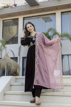 The52 Women's Beautiful Velvet Fabric Embroidery Work Flared Anarkali Pant and Dupatta Set | Grocsy