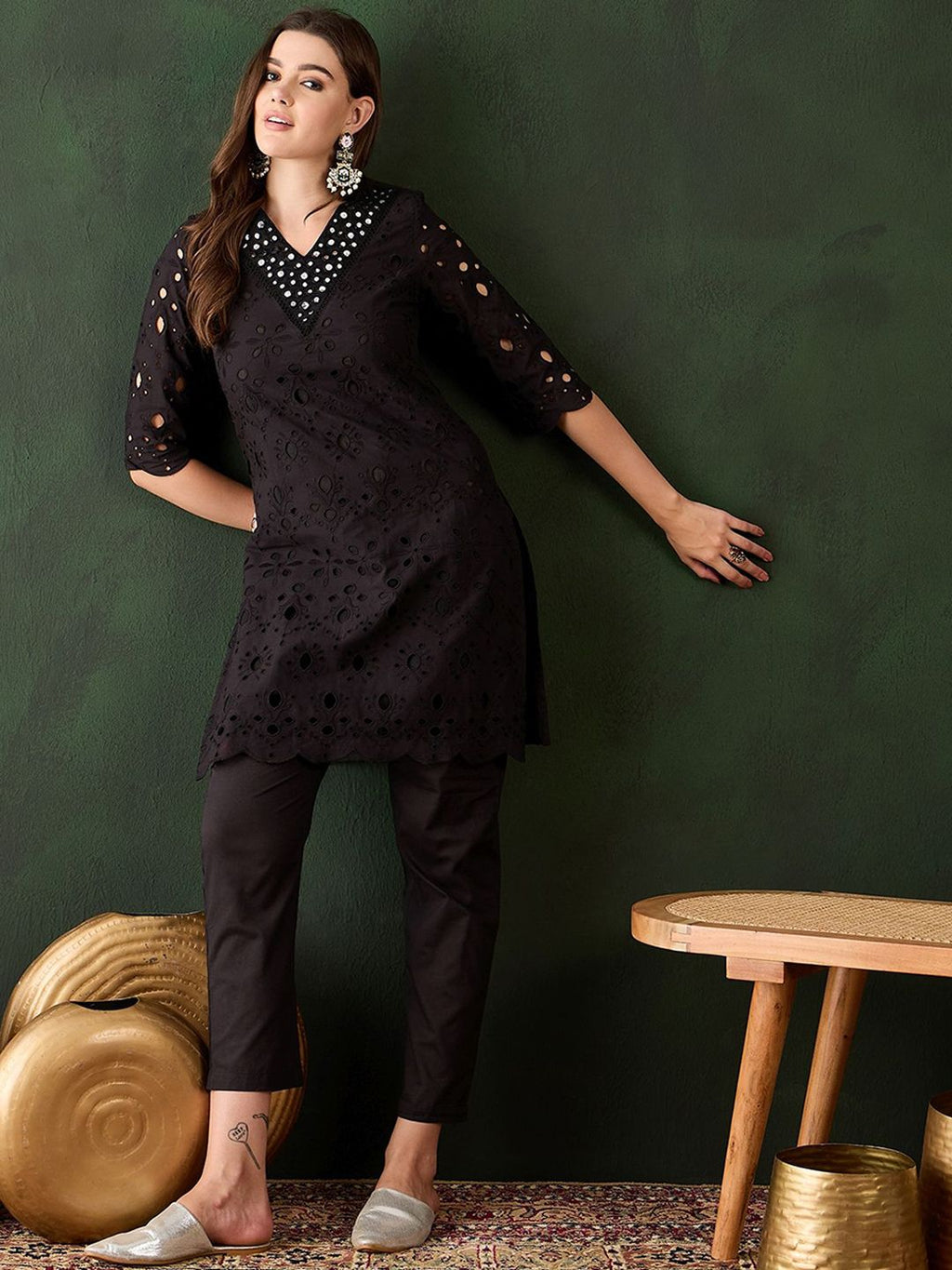 Sangria Embroidered Regular Mirror Work Pure Cotton Kurti With Trousers | Grocsy
