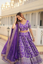 Vastranavya Designer Dyeable Pure Viscose Jacquard Fabric Lehenga Choli & Dupatta Set - Purple | Grocsy