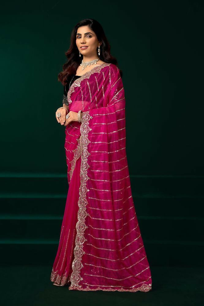 Joban Fashion Rani Pink Net Party Wear Sarees | Grocsy