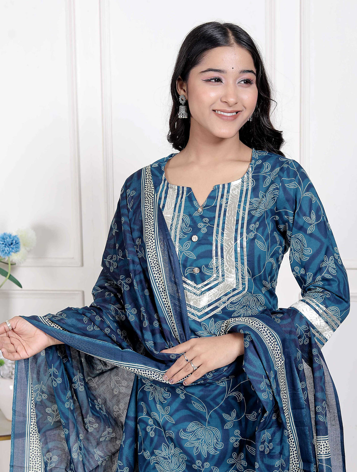 Miravan Women's Gota Patti Cotton Kurta Paired with Palazzo and Dupatta | Grocsy