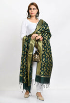 Mominos Fashion Moeza Women's Banarsi Silk Floral Woven Design Bottle Green Dupatta | Grocsy