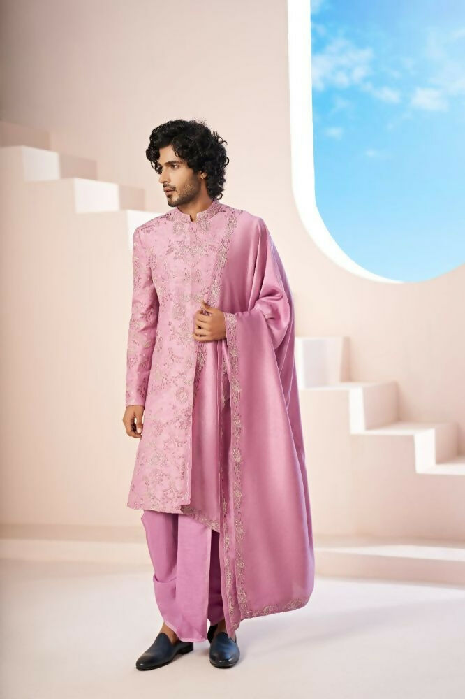 Majestic Orchid Falling Raw Silk Sherwani Set With Intricate Embroidery And Draped Dupatta by Hilo Design | Grocsy