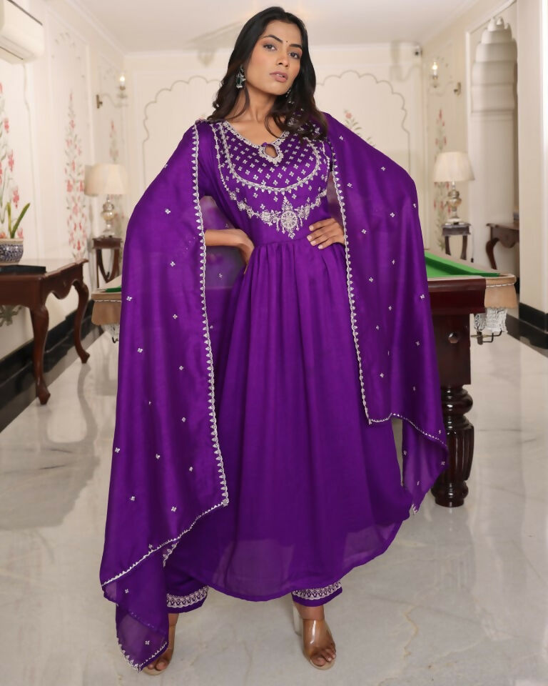 Jyoti Fashion Women's Purple Soft Silk Embroidered Designer Kurta Set | Grocsy