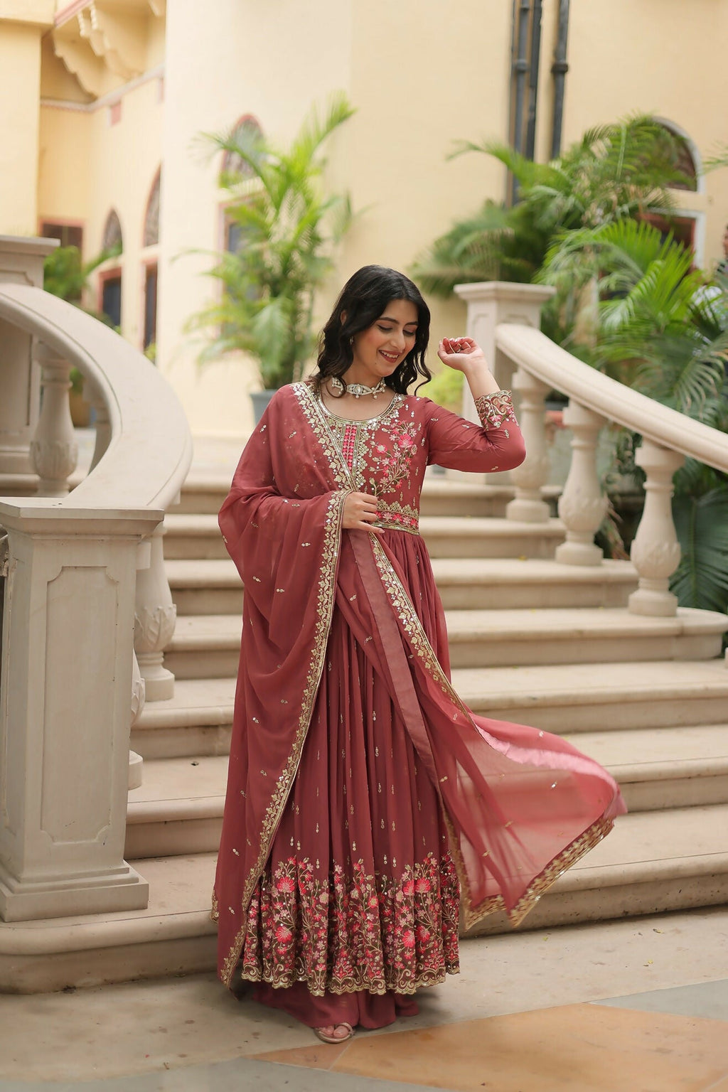 Joban Fashion Coffee Georgette Sequence Embroidery Work Kurta Set | Grocsy