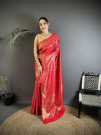 Joban Fashion Red Paisley & Floral Soft Satin Silk Banarasi Silk Saree | Grocsy