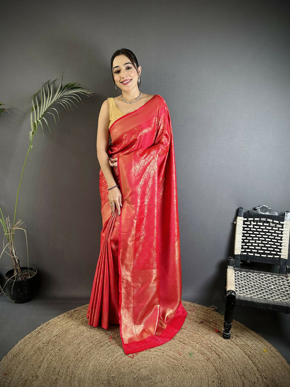 Joban Fashion Red Paisley & Floral Soft Satin Silk Banarasi Silk Saree | Grocsy