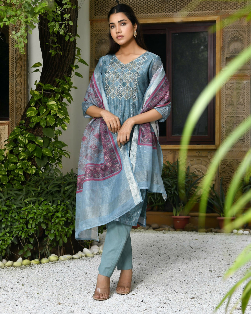 Vaasva Women's Chanderi Printed Suit Set With Pant And Printed Dupatta | Grocsy