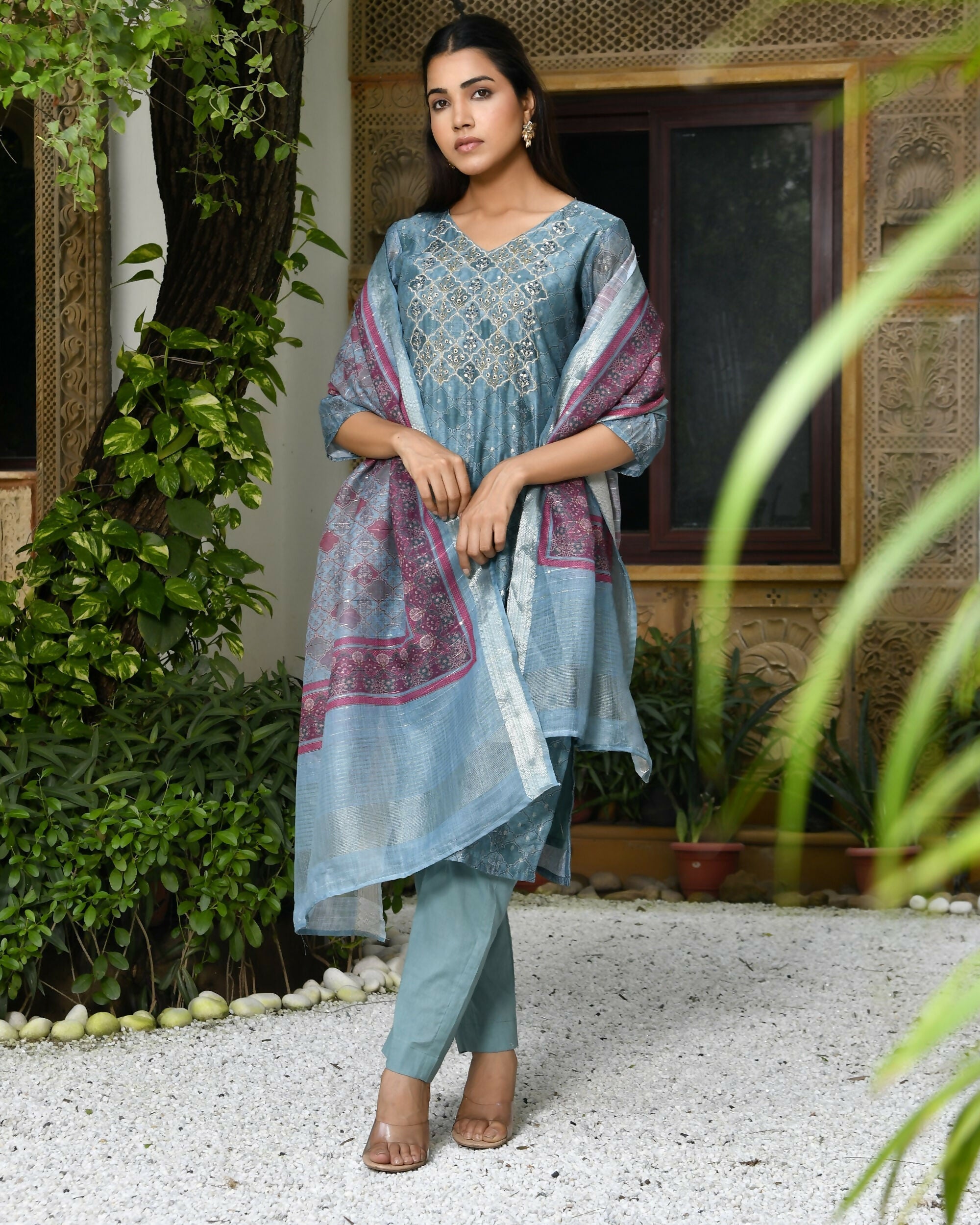 Vaasva Women's Chanderi Printed Suit Set With Pant And Printed Dupatta | Grocsy