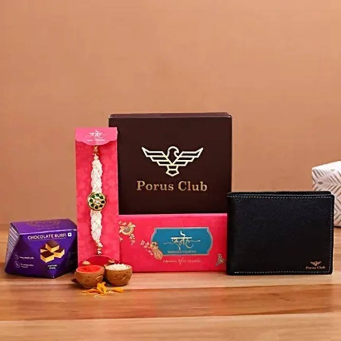 Traditional Kundan Rakhi With Wallet And Chocolate Burfi | Grocsy