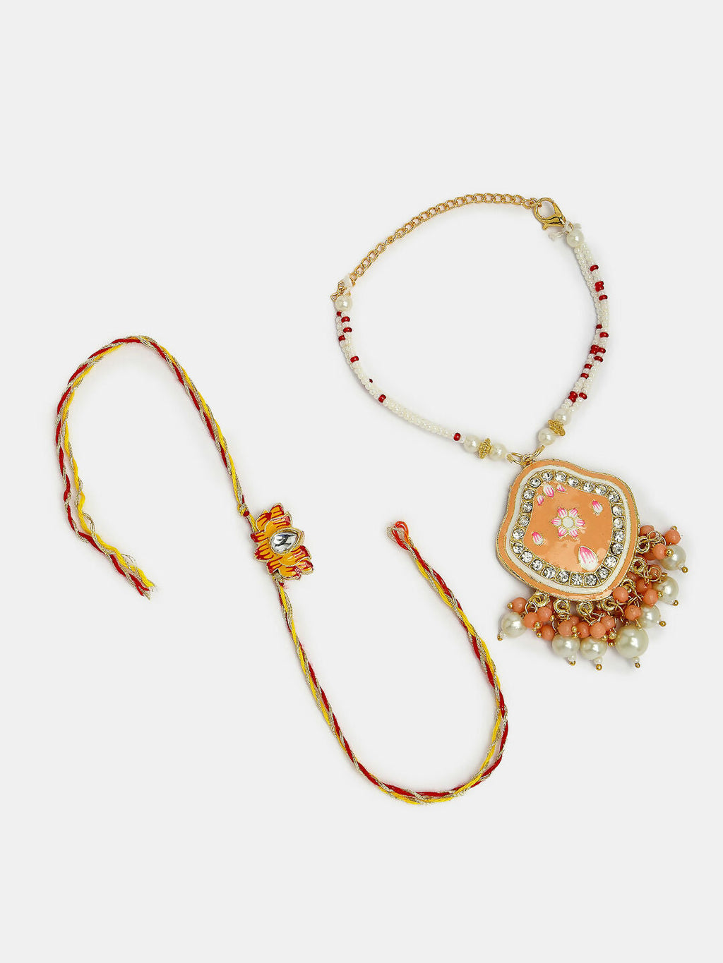NVR Women & Men Set of 2 Peach Lotus Shape Kundan Stone-Studded & Beaded Bhaiya Bhabhi Rakhi With Roli Chawal & Chocolate | Grocsy